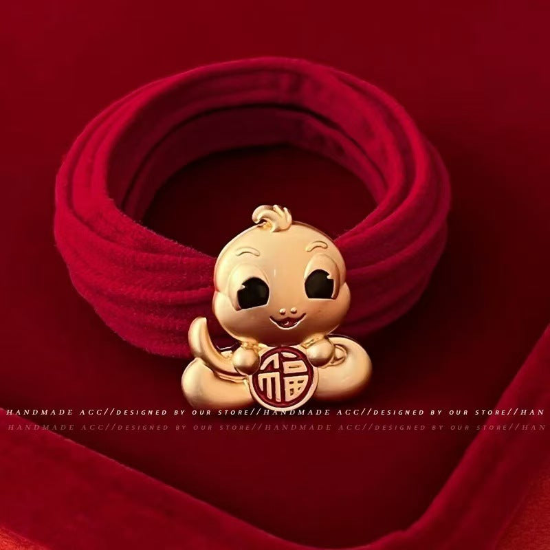 Women' Red Lucky Snake Hair Band & Ponytail Tie - Heart Rhinestone Hair Ring Suitable for New Year, Chinese, Festive Hair Accessories for Braids, Ponytails, Buns