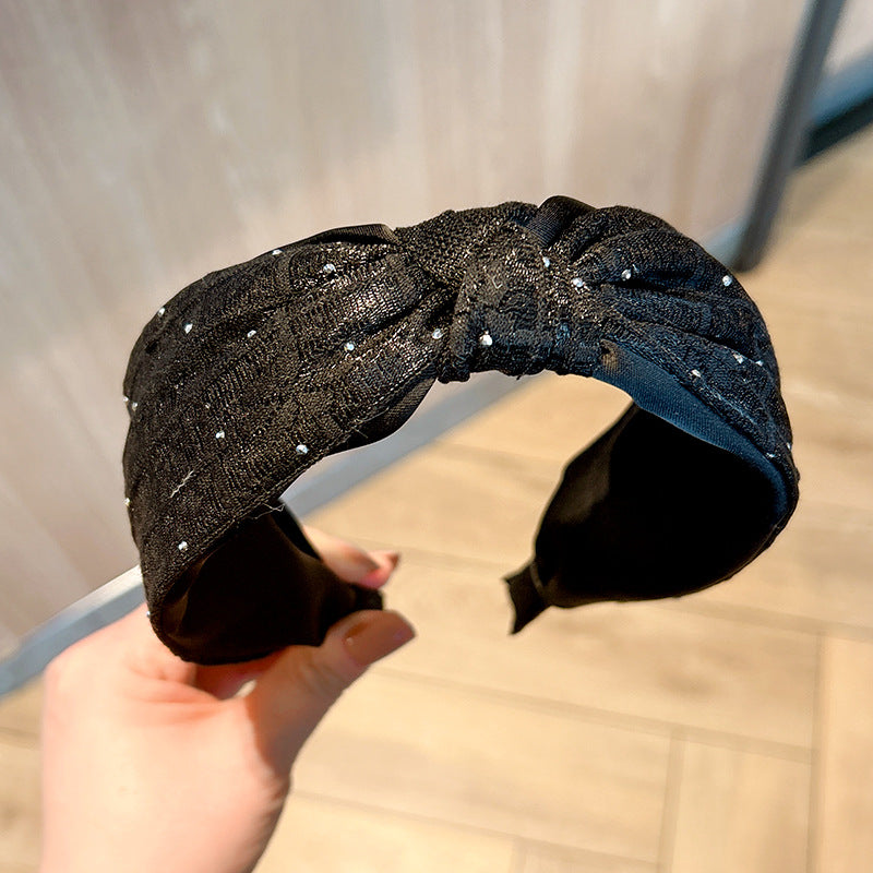 New Stylish Simple Solid Color Flower Fabric Knotted Wide Edge Headband High Sense Rhinestone Headband Hair