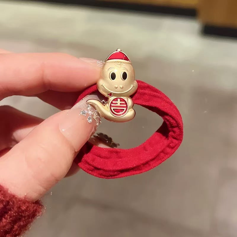 Women' Red Lucky Snake Hair Band & Ponytail Tie - Heart Rhinestone Hair Ring Suitable for New Year, Chinese, Festive Hair Accessories for Braids, Ponytails, Buns