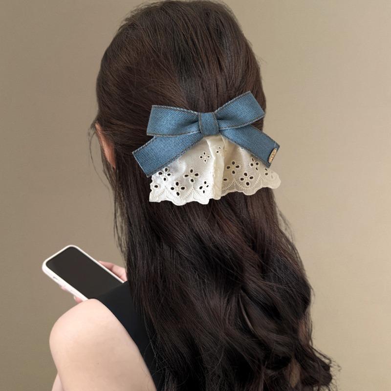 Korean Style Rich Denim Lace Skirt Hair Clip | Vintage Golden Label Bowknot Half-Up Hair Clip, Travel Hairpin, Acrylic Material