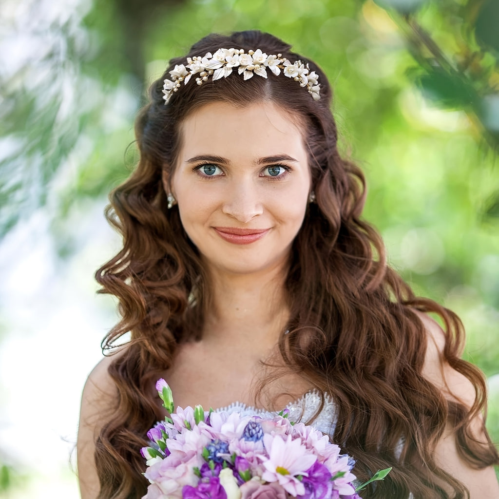 Elegant Bridal Headbands with Wide Ceramic Flower & Wedding Hair Accessories Suitable for Women & Girls - Wedding, Prom, for Normal Hair, Year-Round Events