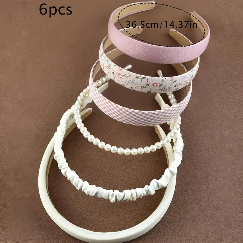 Retro Hong Kong Style Floral Plaid Headband Korean Version Wearing Round Face Cute and Versatile Internet Celebrity Headband 6pcs Set