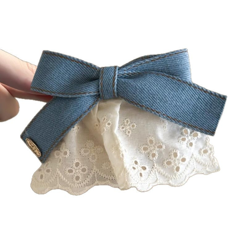 Korean Style Rich Denim Lace Skirt Hair Clip | Vintage Golden Label Bowknot Half-Up Hair Clip, Travel Hairpin, Acrylic Material