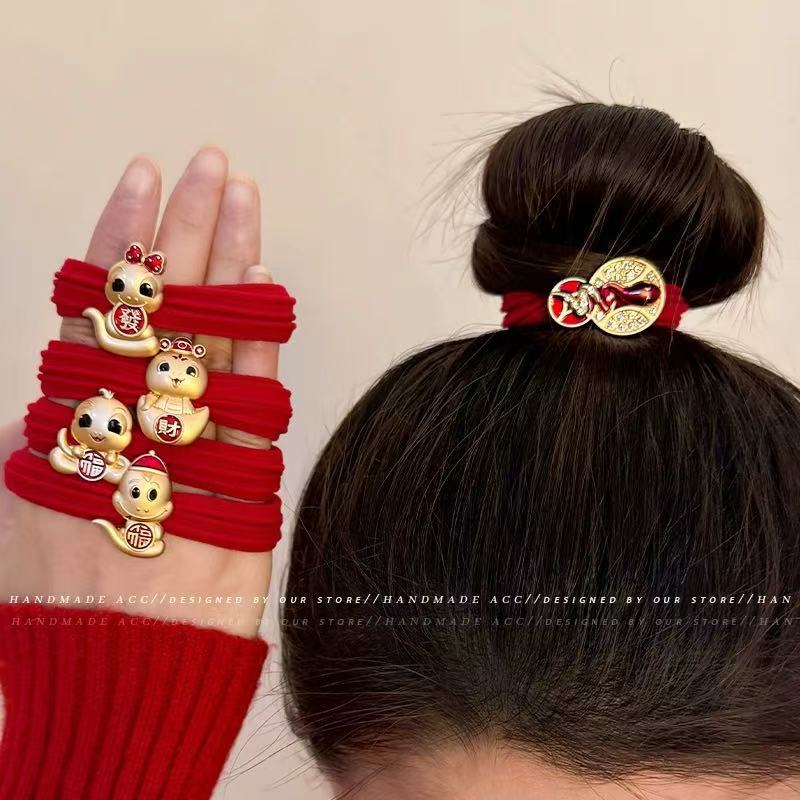 Women' Red Lucky Snake Hair Band & Ponytail Tie - Heart Rhinestone Hair Ring Suitable for New Year, Chinese, Festive Hair Accessories for Braids, Ponytails, Buns