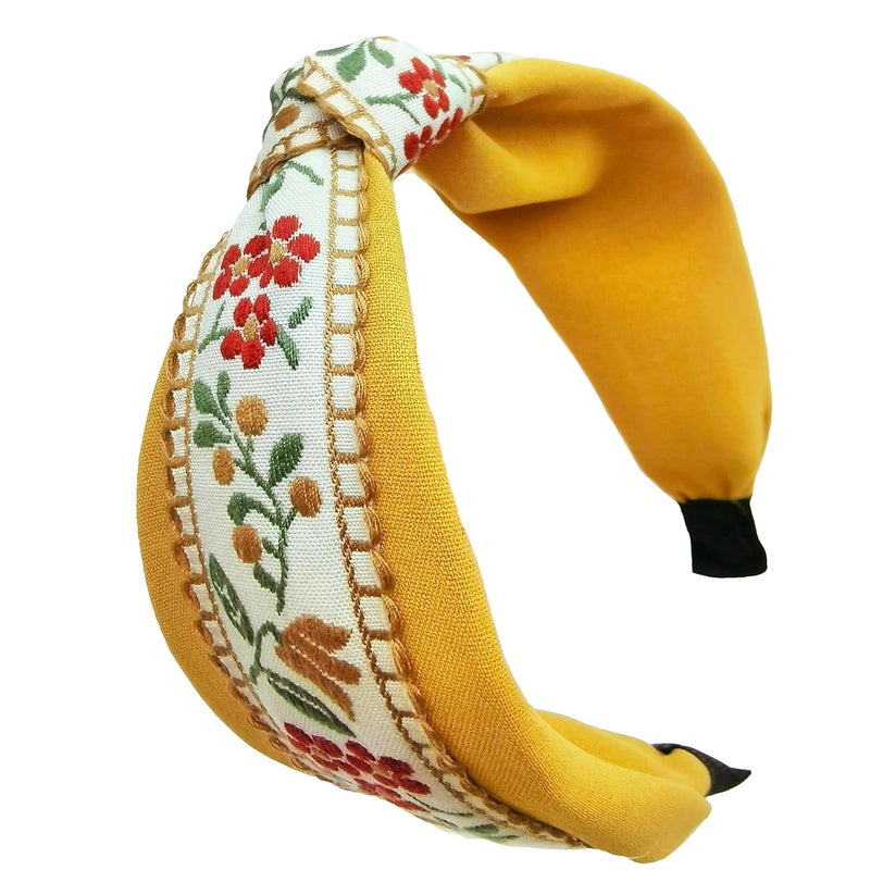 Boho Knotted Yellow Headband with Handmade Lace Embroidery Floral Metal Headband for Girls Womens