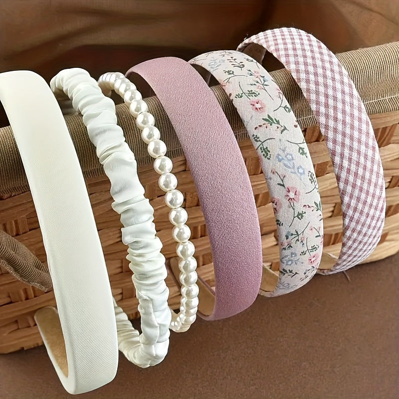 Retro Hong Kong Style Floral Plaid Headband Korean Version Wearing Round Face Cute and Versatile Internet Celebrity Headband 6pcs Set