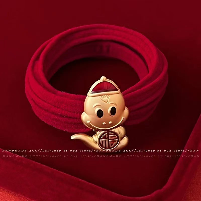 Women' Red Lucky Snake Hair Band & Ponytail Tie - Heart Rhinestone Hair Ring Suitable for New Year, Chinese, Festive Hair Accessories for Braids, Ponytails, Buns