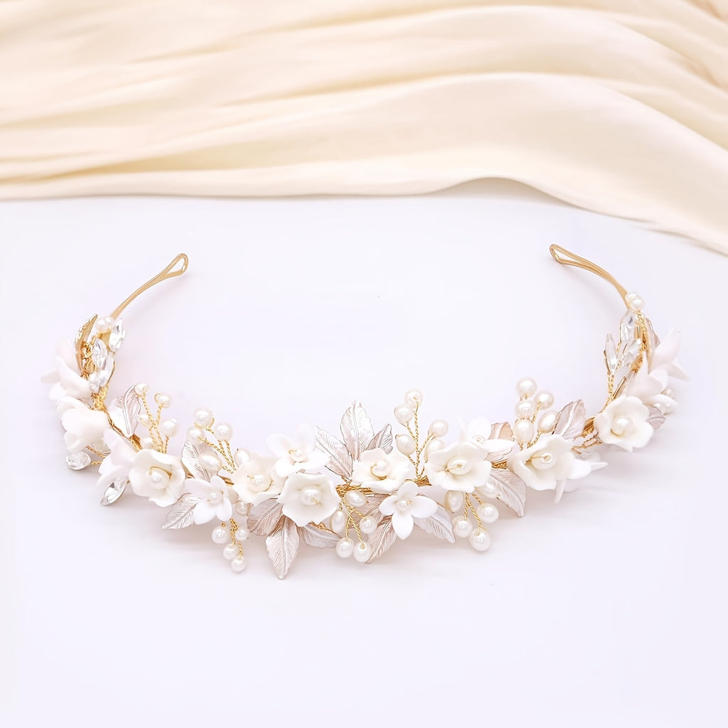 Elegant Bridal Headbands with Wide Ceramic Flower & Wedding Hair Accessories Suitable for Women & Girls - Wedding, Prom, for Normal Hair, Year-Round Events