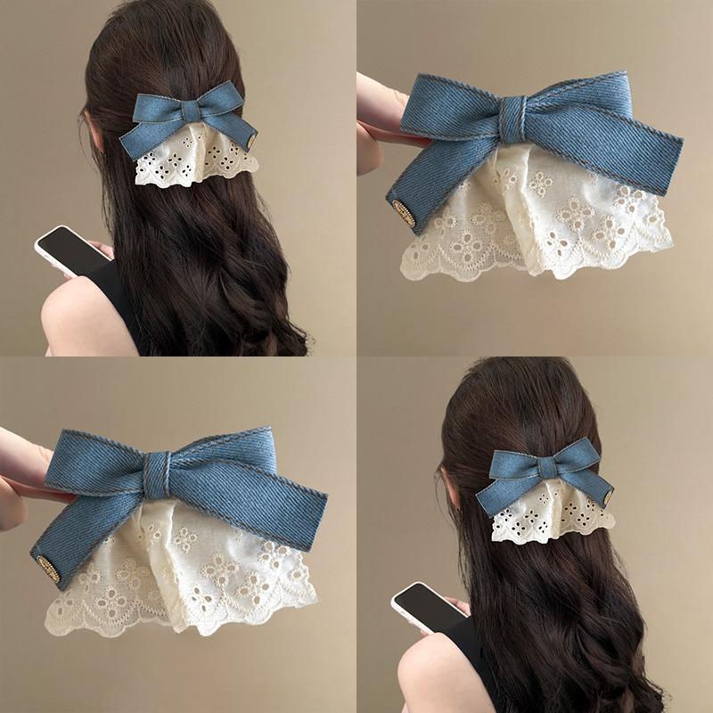 Korean Style Rich Denim Lace Skirt Hair Clip | Vintage Golden Label Bowknot Half-Up Hair Clip, Travel Hairpin, Acrylic Material