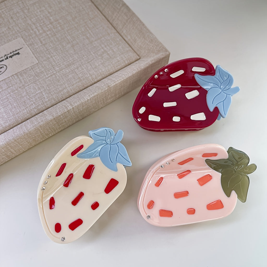 2pcs of Sweet Cream-Style Strawberry Hair Clips, Cute Fruit Acetate Hairpins for Ponytails, Shark Clips for Updos, Hair Additions