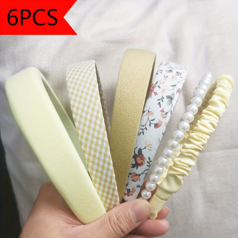 Retro Hong Kong Style Floral Plaid Headband Korean Version Wearing Round Face Cute and Versatile Internet Celebrity Headband 6pcs Set