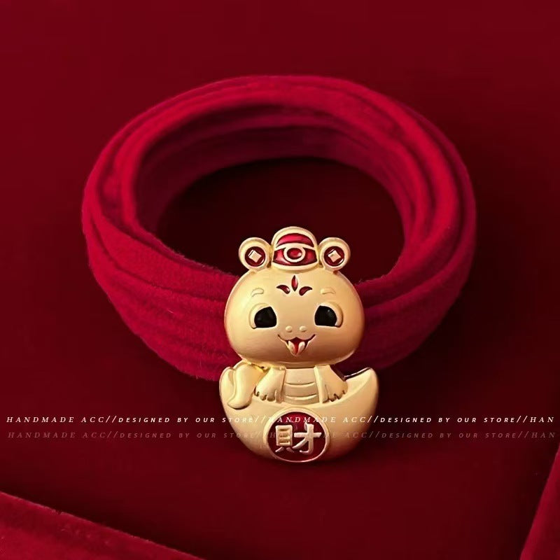 Women' Red Lucky Snake Hair Band & Ponytail Tie - Heart Rhinestone Hair Ring Suitable for New Year, Chinese, Festive Hair Accessories for Braids, Ponytails, Buns