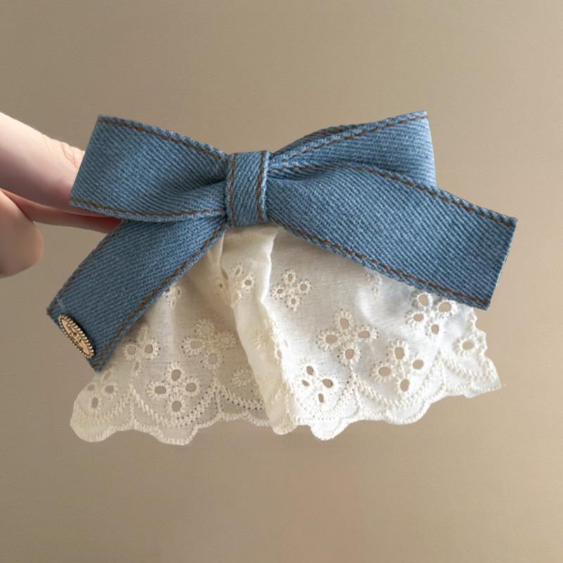 Korean Style Rich Denim Lace Skirt Hair Clip | Vintage Golden Label Bowknot Half-Up Hair Clip, Travel Hairpin, Acrylic Material