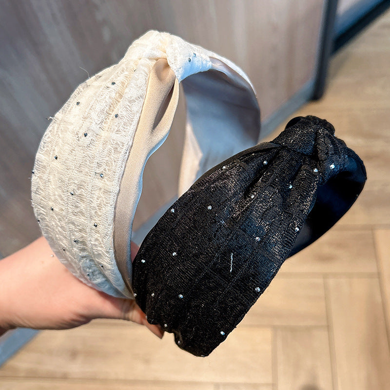 New Stylish Simple Solid Color Flower Fabric Knotted Wide Edge Headband High Sense Rhinestone Headband Hair