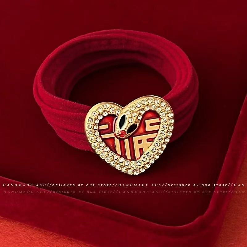 Women' Red Lucky Snake Hair Band & Ponytail Tie - Heart Rhinestone Hair Ring Suitable for New Year, Chinese, Festive Hair Accessories for Braids, Ponytails, Buns