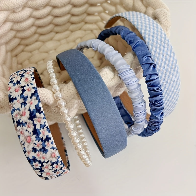 Retro Hong Kong Style Floral Plaid Headband Korean Version Wearing Round Face Cute and Versatile Internet Celebrity Headband 6pcs Set