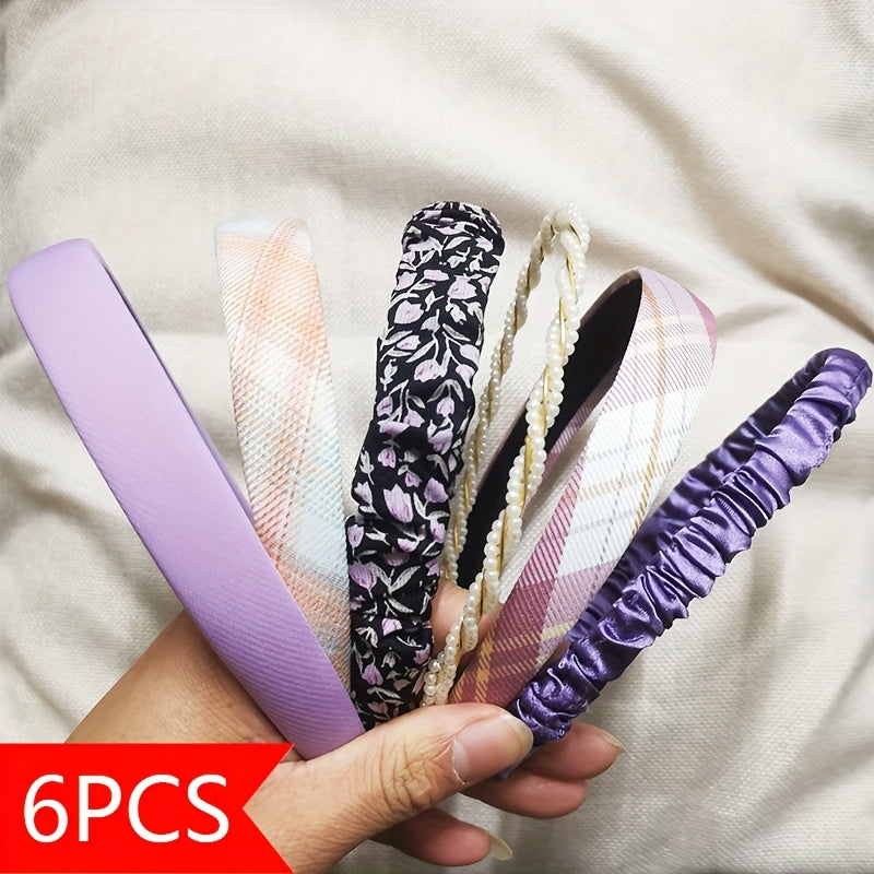 Retro Hong Kong Style Floral Plaid Headband Korean Version Wearing Round Face Cute and Versatile Internet Celebrity Headband 6pcs Set