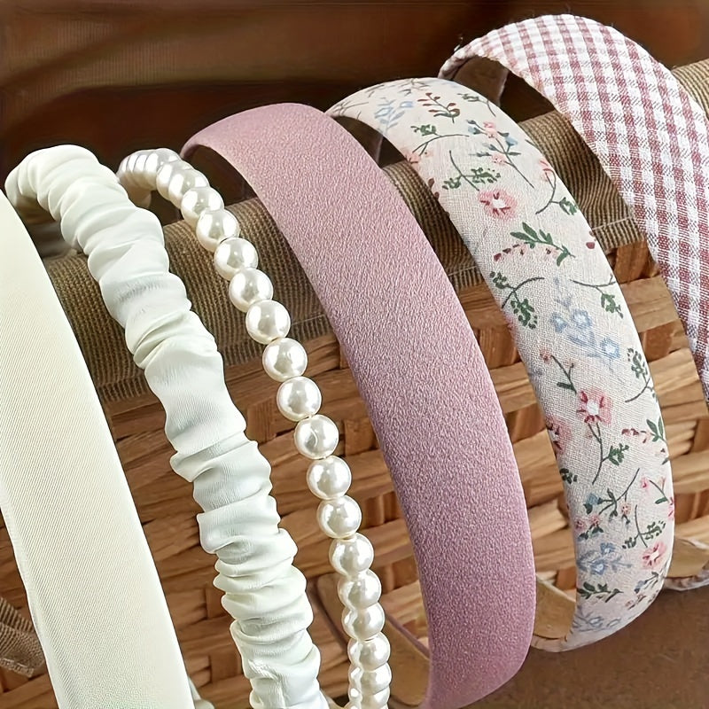 Retro Hong Kong Style Floral Plaid Headband Korean Version Wearing Round Face Cute and Versatile Internet Celebrity Headband 6pcs Set