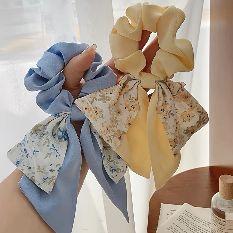 2pcs of Fresh Floral Bow Hair Ties, Sweet Hair Additions, Suitable for Daily Wear, Gatherings, Parties, And Springtime Adornments