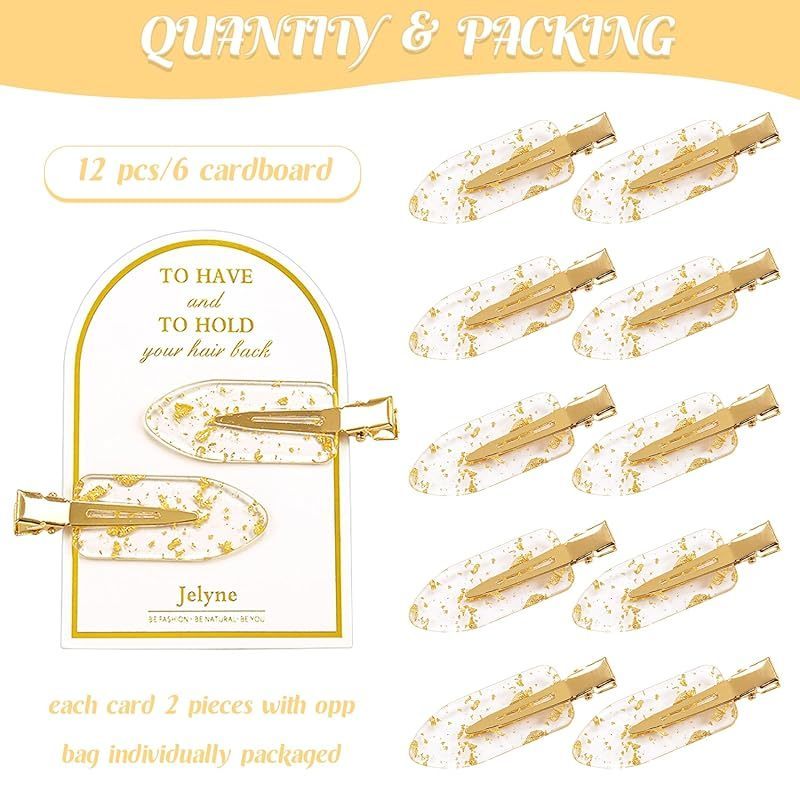 No Bend Hair Clips . 12Pcs\u002F6cards Resin & Stainless Steel No Crease Hair Clips . Gold Glitter Bridesmaid Proposal Gift Hair Clip for Makeup Styling Hair accessories Hair Setting Clips for Bangs