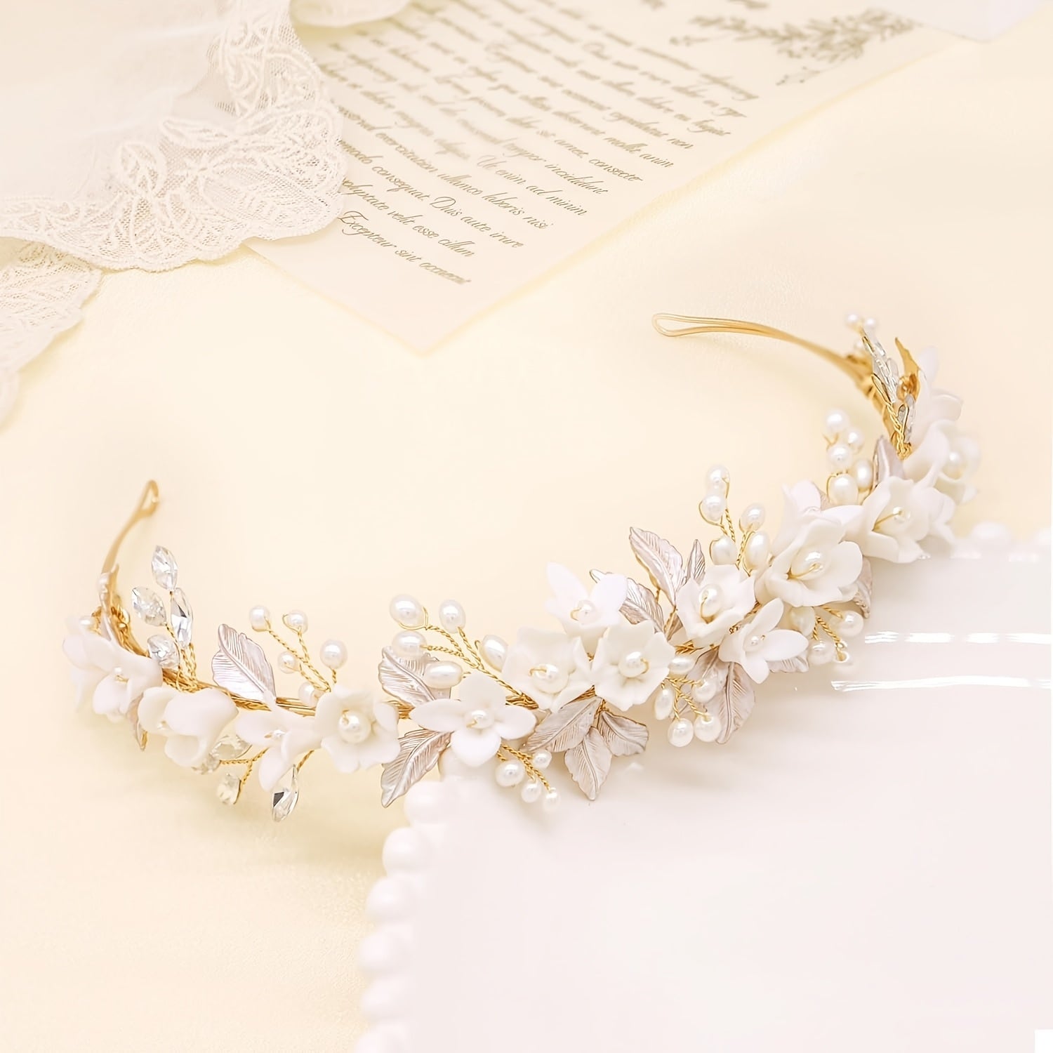 Elegant Bridal Headbands with Wide Ceramic Flower & Wedding Hair Accessories Suitable for Women & Girls - Wedding, Prom, for Normal Hair, Year-Round Events
