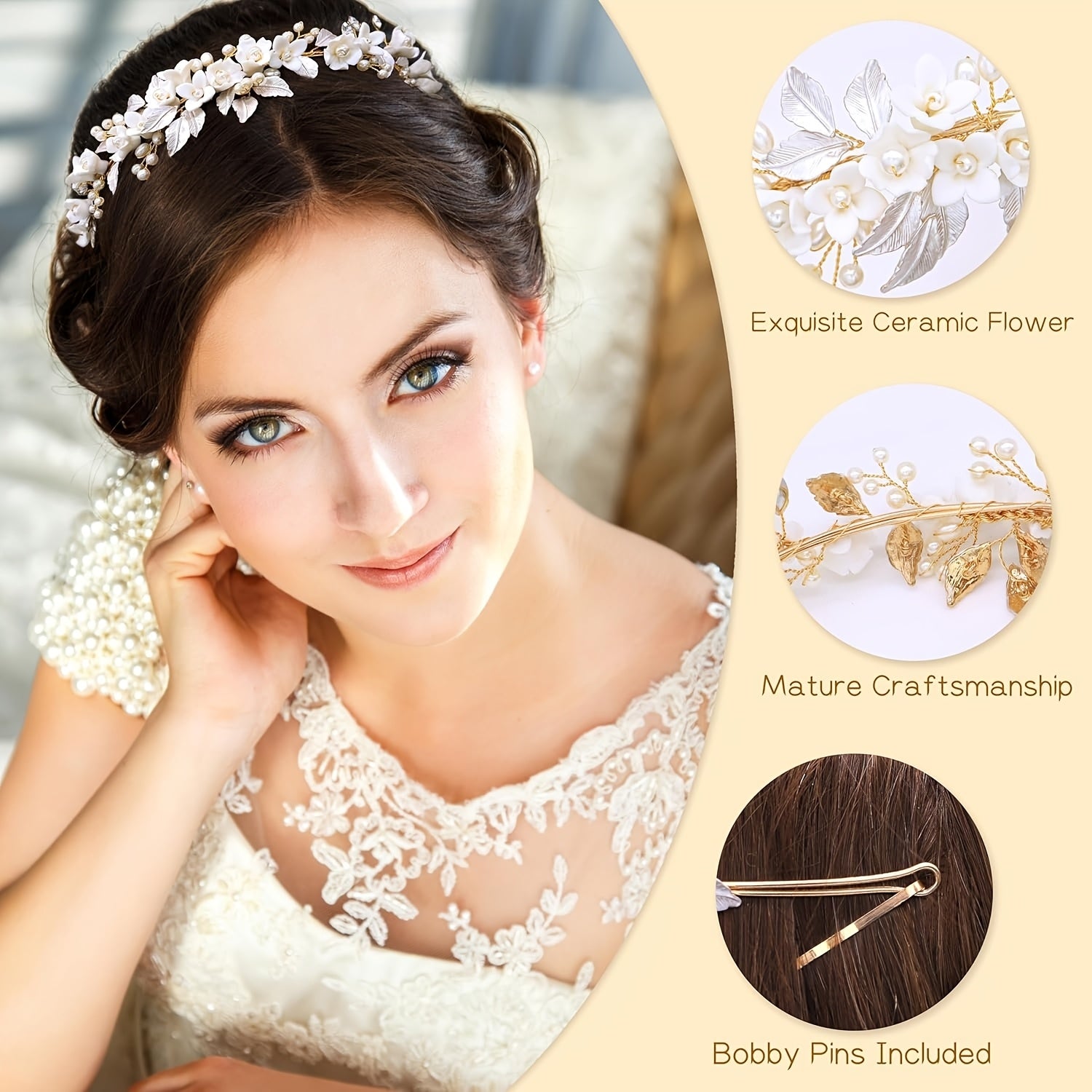 Elegant Bridal Headbands with Wide Ceramic Flower & Wedding Hair Accessories Suitable for Women & Girls - Wedding, Prom, for Normal Hair, Year-Round Events