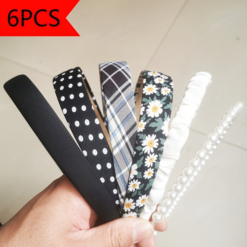 Retro Hong Kong Style Floral Plaid Headband Korean Version Wearing Round Face Cute and Versatile Internet Celebrity Headband 6pcs Set